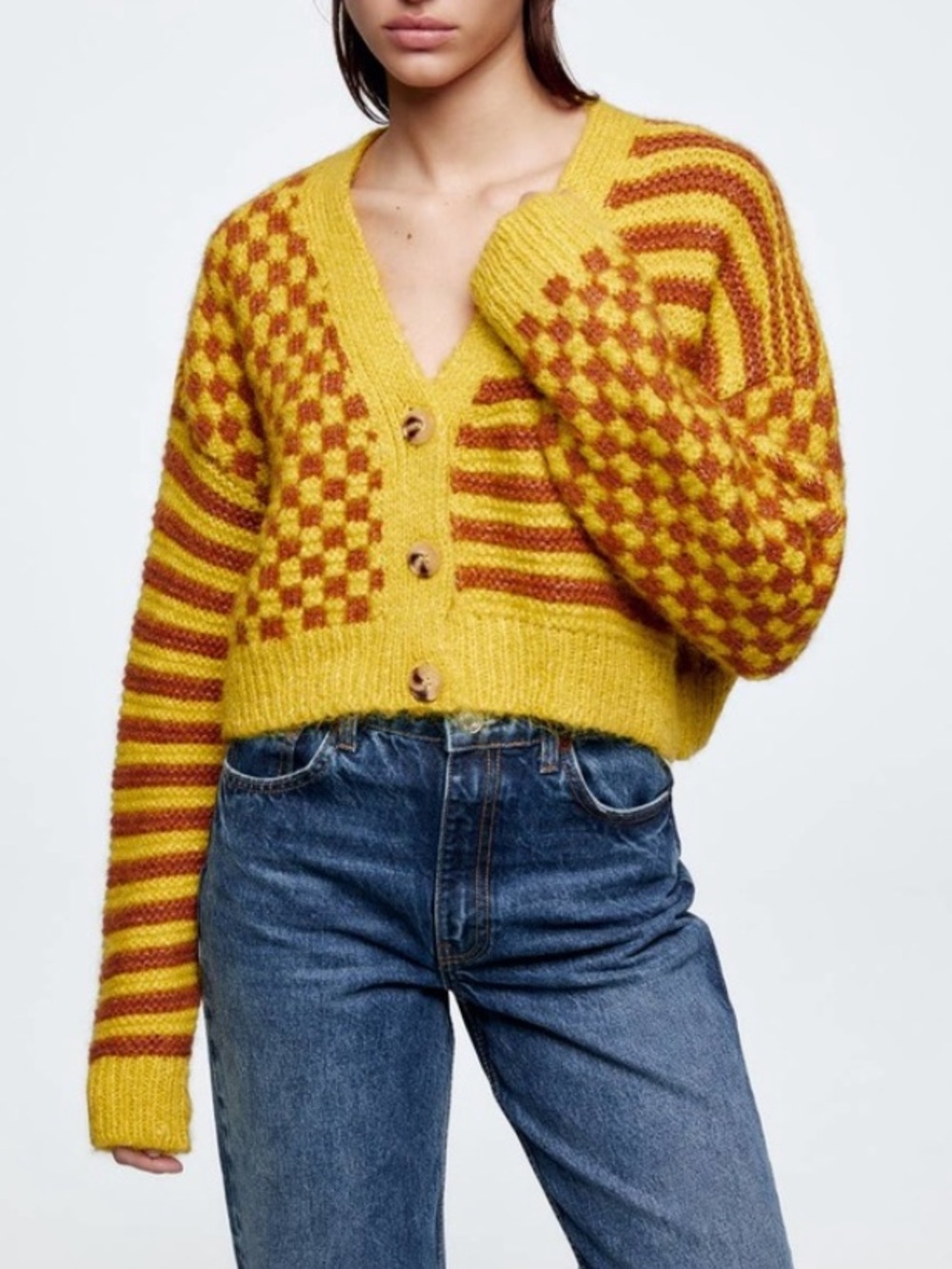 Zara Yellow and Brown Cropped V‑Neck Button Cardigan